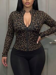 Slaydiva 2026 Autumn New Plus Size Y2K Leopard Print Front Zipper Slim Fit Long Sleeve T-Shirt Suitable For Spring And Autumn - White - View 6