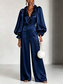 RosyDaze Women's Solid Color Patchwork Ruffle V-Neck Lantern Sleeve Elegant Wide Leg Jumpsuit - Blue - View 1
