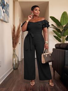 Slaydiva Plus Size Off Shoulder Ruffle Jumpsuit, High Waist Wide Leg Long Pants With Belt, Curvy Formal Party Outfit - Black - View 9