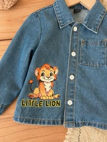 Cozy Pixies Baby Boys Denim Kids Cartoon Lion Pattern Blue Wide Cardigan Jacket Printed Denim Coat - Blue - View 6