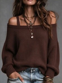 LUMIGAL Women's Solid Color Casual Daily Long Sleeve Sweater - Brown - View 1