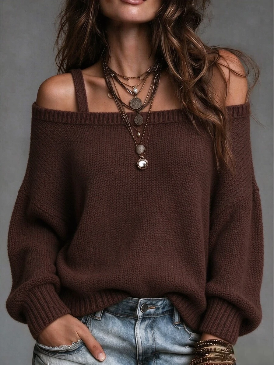 LUMIGAL Women's Solid Color Casual Daily Long Sleeve Sweater - Brown - View 1