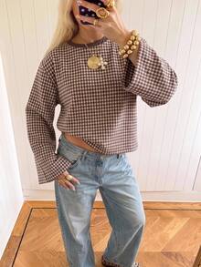 SHEIN EZwear 海外長袖草莓巧克力千鳥格 T 恤，秋季上衣，適合日常通勤、聚會、秋冬/夏季、聖誕節、新年、感恩節、派對、婚禮、海灘、畢業典禮、優雅、外出、約會、通勤、情人節、優雅、度假、Y2K、畢業典禮及其他場合 - 彩色 - 查看 4