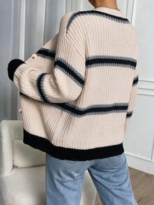 Flirla Women's Vintage Button Striped Contrast Color Knit Cardigan - Multicolor - View 2