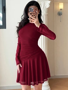Feyla 女款優雅百褶高領修身短洋裝，喇叭下擺，春/秋季粉色迷你洋裝 - 酒紅色 - 查看 4