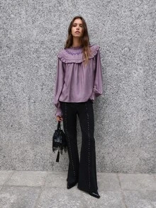 Nöista Olive Long Sleeve Top With Embroidered Ruffle Detail. Office Wear, Elegant Style. Aesthetic Chic - Brown - View 1