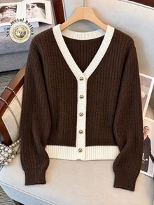 GlowEve CURVE 1pc Women's Plus Size V-Neck Long Sleeve Metal Round Button Casual Colorblock Knit Cardigan, Suitable For Daily Commute, Spring And Autumn - Multicolor - View 1
