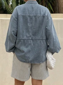 Dazy Plus Autumn Stand Collar Tie Waist Washed Blue Solid Color Loose Cotton Casual Denim Top - Medium Wash - View 5