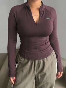 Livesso Slim Fit Semi-High Neck Letter Silicone Patch Fitted Long Sleeve T-Shirt - Brown - View 2