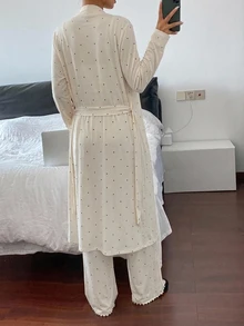 DAZY 3pcs Women's Polka Dot Print Long Cardigan, Long Sleeve Robe, Sleeveless Camisole Tank Top, Straight Long Pajama Pants Sleepwear Set - White - View 2