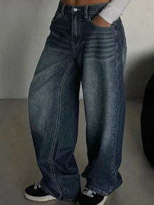 Dazy Plus Celana Jeans Lurus Kasual dengan Jahitan Kontras Warna Polos, Model Santai untuk Komuter, Koleksi Terbaru Musim Gugur - Dark Wash - View 1