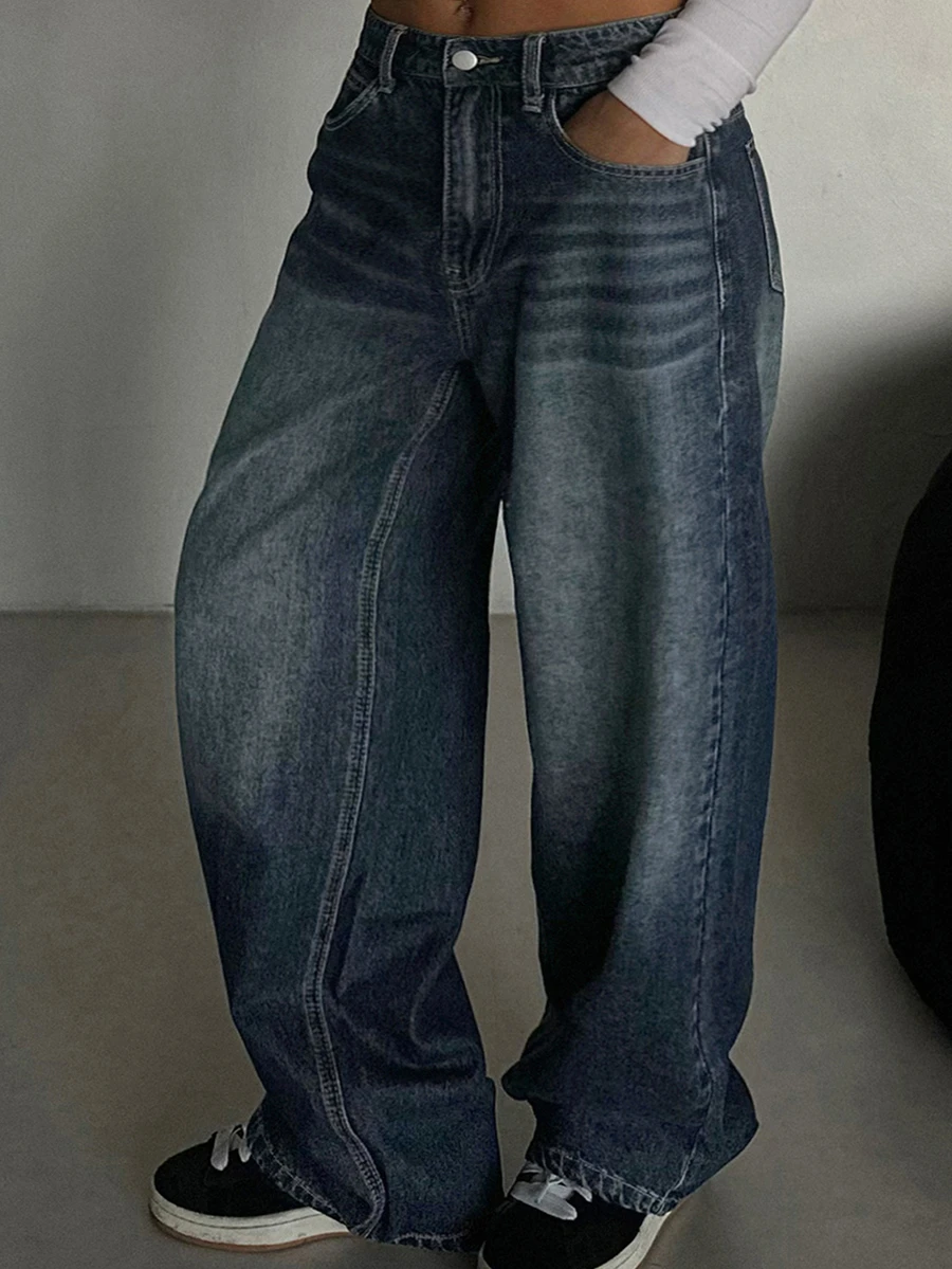 Dazy Plus Celana Jeans Lurus Kasual dengan Jahitan Kontras Warna Polos, Model Santai untuk Komuter, Koleksi Terbaru Musim Gugur - Dark Wash - View 1