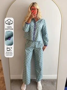 DAZY Women's 2 Pieces Pajama Set With Clover Pattern Lace Patchwork Single-Breasted Long Sleeve Top And Long Pants - Blue - View 4