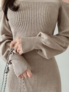 FRIFUL Women's Cold Shoulder Casual Daily Wear Knit Dress - Apricot - View 6