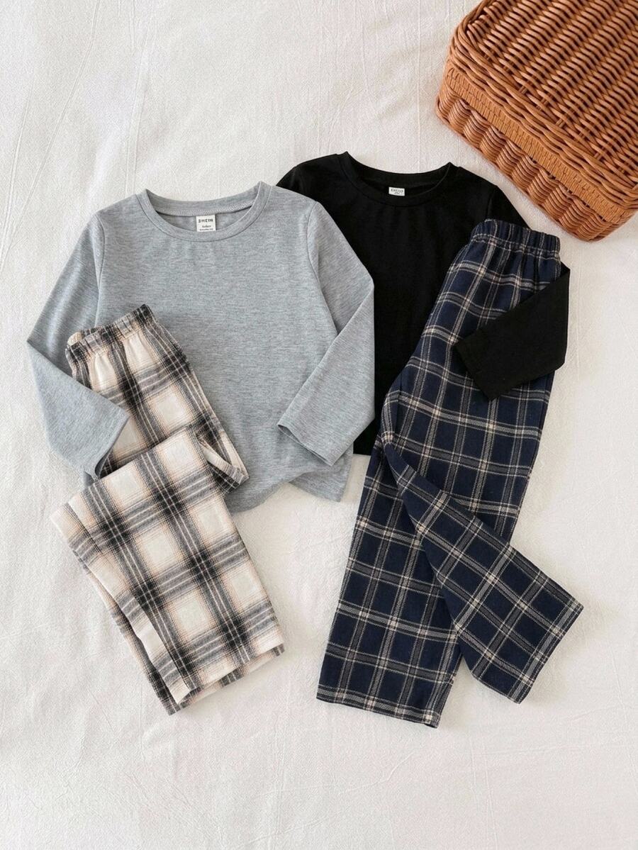 4pcs Baby Boy Baby Girl Young Boy Solid Color Knitted Soft Round Neck Long Sleeve Pullover Top Plaid Long Pants Versatile Comfortable Autumn/Winter - Multicolor - View 1