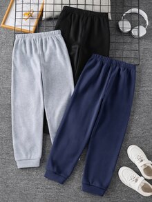 SHEIN 3件組兒童青少年男孩休閒多功能運動長褲，麻灰色運動褲、海軍藍運動褲、黑色運動褲，加厚內裡，適合通勤、上學、日常休閒、戶外運動，秋冬保暖內裡長褲 - 彩色 - 查看 3