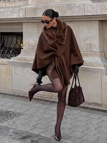 Aloruh Women's Elegant Fashionable Cape Style Dark Coffee Overcoat - Brown - View 1