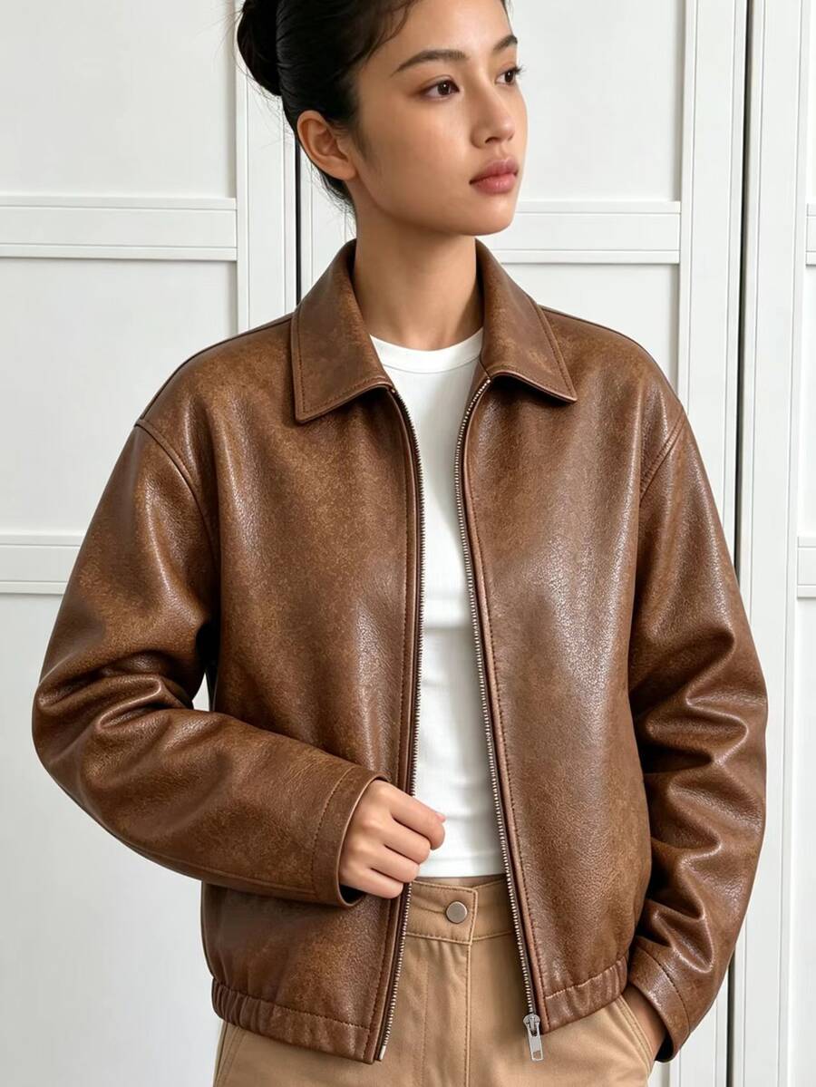 SHEIN Sparklyn 青少年女孩長袖抓絨秋季服飾,休閒日常高級感校園通勤Ins風百搭PU皮革翻領寬鬆夾克外套 - 咖啡棕 - 查看 1