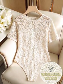 GlowEve CURVE Plus Size Women's Round Neck Short Sleeve Faux Lace Print Bodysuit - Apricot - View 2