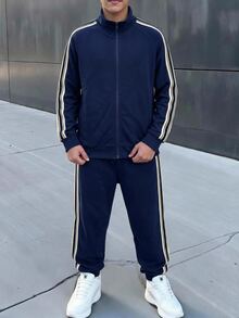 SHEIN Teen Boy Colorblock Long Sleeve Sweatshirt And Sweatpants Casual Daily Set - Navy Blue - View 1