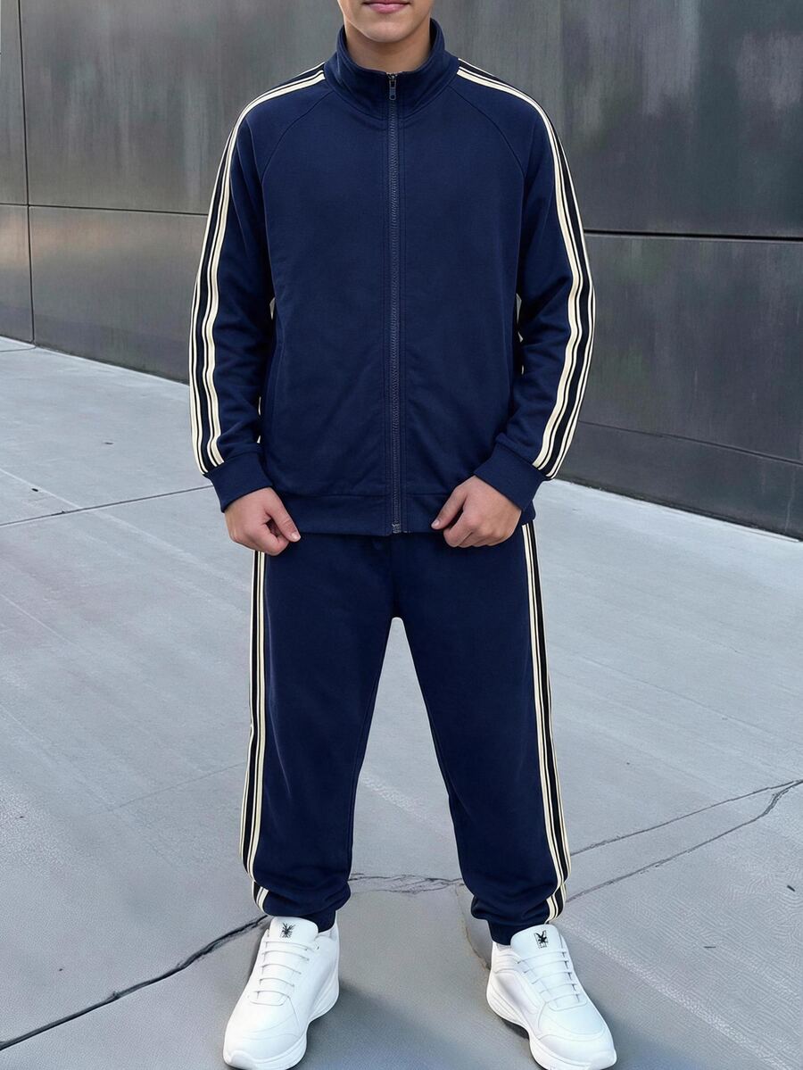 SHEIN Teen Boy Colorblock Long Sleeve Sweatshirt And Sweatpants Casual Daily Set - Navy Blue - View 1