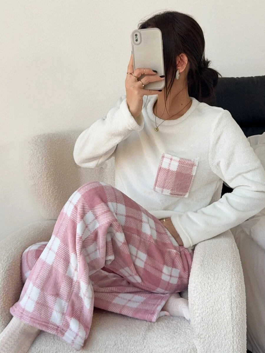 Napfluff Women's Plush Plaid Print Patch Pocket Long Sleeve Pants Loungewear Set - White - View 1