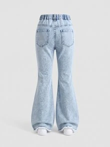 SHEIN Genkimix Kids 女童牛仔褲，四季新款 Y2K 風格，復古淺藍色，彈性腰帶 + 心形補丁刺繡設計，磨損毛邊下擺結合雪花洗水效果，彈性喇叭褲腿版型，舒適優質棉質牛仔面料，時尚風格，適合日常穿著、聚會、旅行等多種場合，四季新款 - 淺色水洗藍 - 查看 2