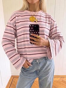 SHEIN EZwear 海外長袖粉色條紋襯衫，秋季上衣，適合日常通勤、聚會、秋冬/夏季、聖誕節、新年、感恩節、派對、婚禮、海灘、畢業典禮、優雅、外出、約會、通勤、情人節、優雅、度假、Y2K、畢業典禮等場合 - 彩色 - 查看 4