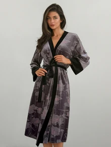 DAZY Women's Printed Pattern Robe With Belt, Comfortable Casual Loungewear - Purple - View 12