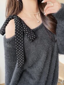FRIFUL Women's Casual Versatile Long Sleeve Sweater With Shoulder Knot - Grey - View 3