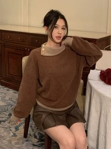 DAZY Women's Colorblock Casual Versatile Daily Wear T-Shirt - Camel - View 5