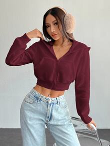 SHEIN PETITE 女款純色前拉鍊長袖口袋極簡連帽外套，休閒日常穿著，長袖上衣畢業季，秋冬返校穿搭，畢業季女裝，教師專業服飾，秋冬返校服飾 - 中紫紅色 - 查看 2