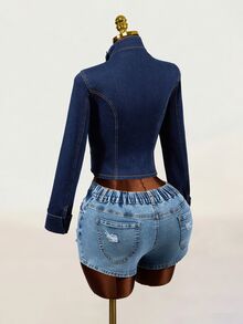 SHEIN Women's Zipper Casual Versatile Daily Denim Jacket - Blue - View 2