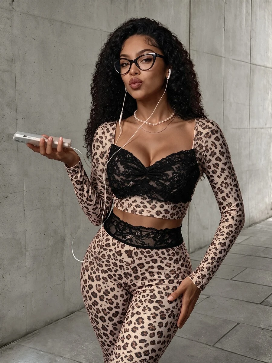 SHEIN VaVaLuxe Women's Leopard Print Lace Patchwork Short Long Sleeve Top And Skinny Pants 2 Pieces Set - Multicolor - View 1