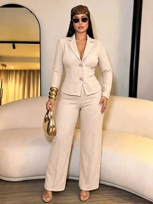SOLERSUN Plus Size Ladies Apricot V-Lapel Waist Suit With Loose Trousers Suit Two Pieces, Familiar With Business Style, Commuting, Business, Dating. - Apricot - View 3
