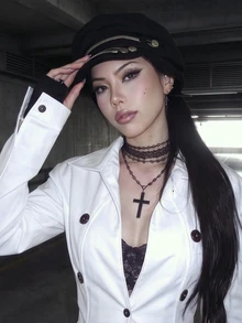 EgrlEra Vintage Retro Academy Casual Young Lady Daily Commute Shopping Date Afternoon Tea Photo Shoot Lapel V-Neck Open Front Long Sleeve Split Cuff Multi-Row Black Decorative Buttons Spring Autumn White Women's Jacket - White - View 7