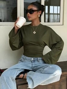 Muchica 女款休閒舒適軍綠色長袖T恤，蝙蝠袖圓領設計（秋冬款） - 軍綠色 - 查看 5
