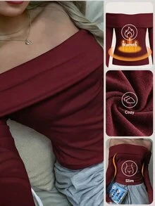 SHEIN EZwear 女款粉色針織露肩修身T恤 - 酒紅色 - 查看 3