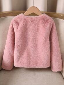SHEIN 女童優雅人造毛珍珠鈕扣裝飾大衣 秋冬款 - 粉色 - 查看 2