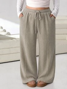 Lacomfia Quần ống rộng size lớn phong cách tối giản, cạp chun rút, có túi, mặc hàng ngày - Màu Khaki - Xem 1
