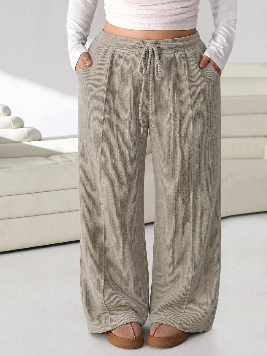 Lacomfia Quần ống rộng size lớn phong cách tối giản, cạp chun rút, có túi, mặc hàng ngày - Màu Khaki - Xem 1
