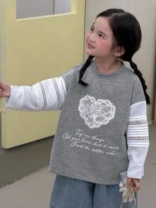 Dazy Kids 少女甜美字母印花蕾絲拼接運動衫 - 淺灰色 - 查看 7