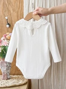 SHEIN 新生兒純色休閒日常長袖連身衣 - 白色 - 查看 2