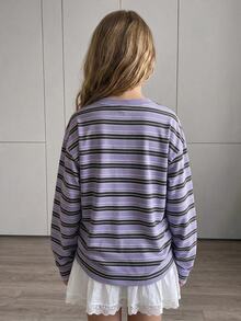 Hapijoa Tween Girl) Striped Loose Casual Long Sleeve Basic Layering T-Shirt, Autumn - Purple - View 2