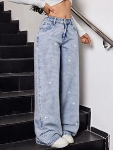 SHEIN Tall 女款休閒水鑽設計口袋直筒牛仔褲 - 淺色水洗藍 - 查看 5