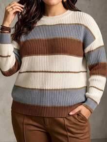 SHEIN LUNE CURVE Plus Size Women's Autumn/Winter Retro Colorblock Striped Round Neck Drop Shoulder Long Sleeve Loose Fit Slimming Pullover Sweater, Suitable For Daily Commute, Outing, Dating And Other Occasions - White - View 1