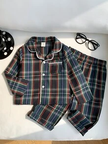 SHEIN 2件組嬰兒男孩/女孩秋冬款紅綠彩色格紋翻領長袖鈕扣上衣與鬆緊腰長褲套裝，適合聖誕節 - 彩色 - 查看 3