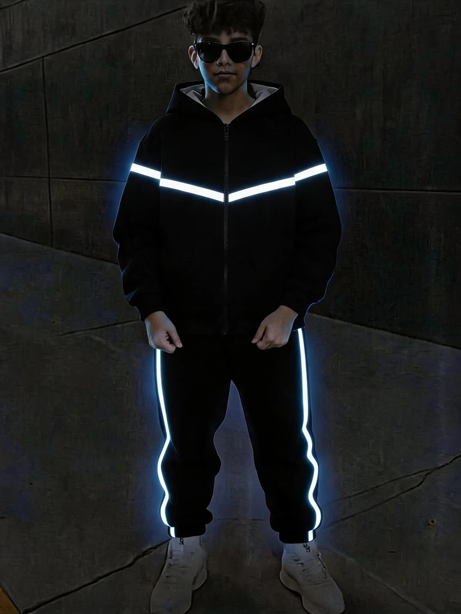 Teen Boy Reflective Webbing Contrast Zipper Hooded Sweatshirt And Pants Set - Black - View 1