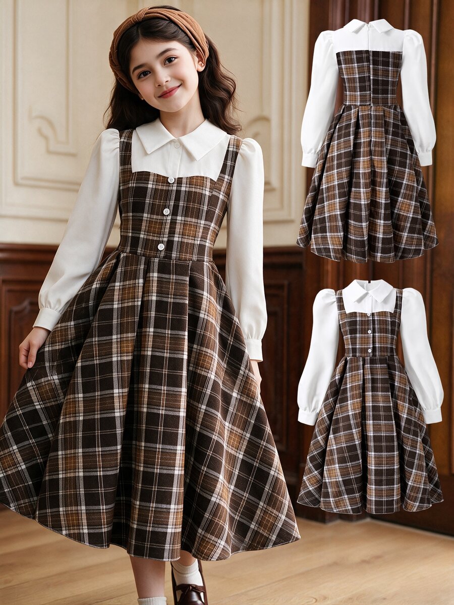 SHEIN Girls' Color-Block Lapel Corduroy Dress, Elegant Retro Style. Ideal For Parties, Preppy Look And Other Occasions, Casual Wear For Spring And Autumn - Multicolor - View 1