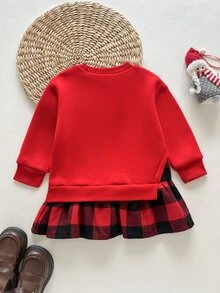 SHEIN 女嬰聖誕紅色鹿刺繡洋裝，甜美可愛蝴蝶結圓領長袖衛衣拼接格紋百褶裙，秋冬外套 - 紅色 - 查看 2